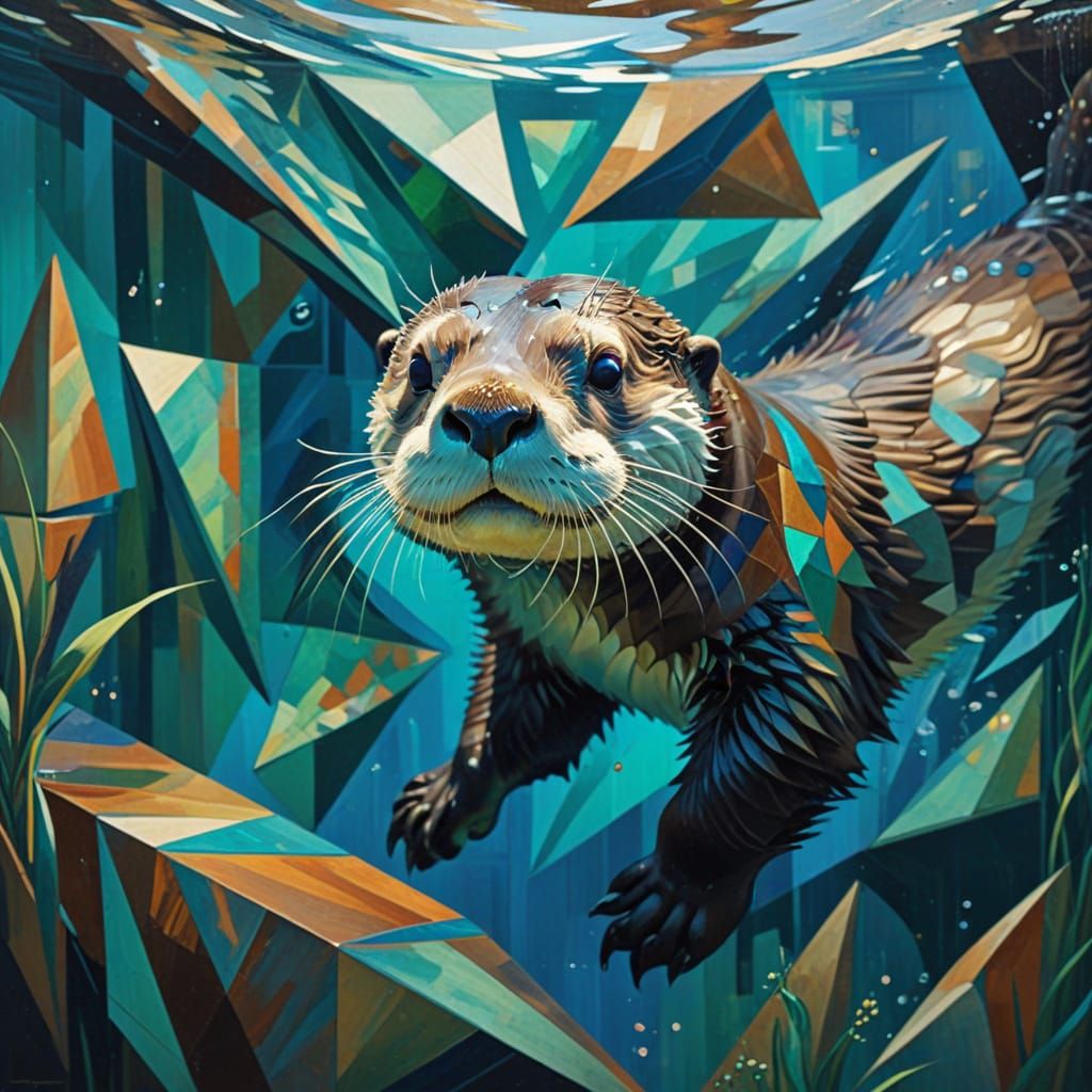 Cubist Sea Otter Diving and Floating in Vibrant Oceanic Colo...
