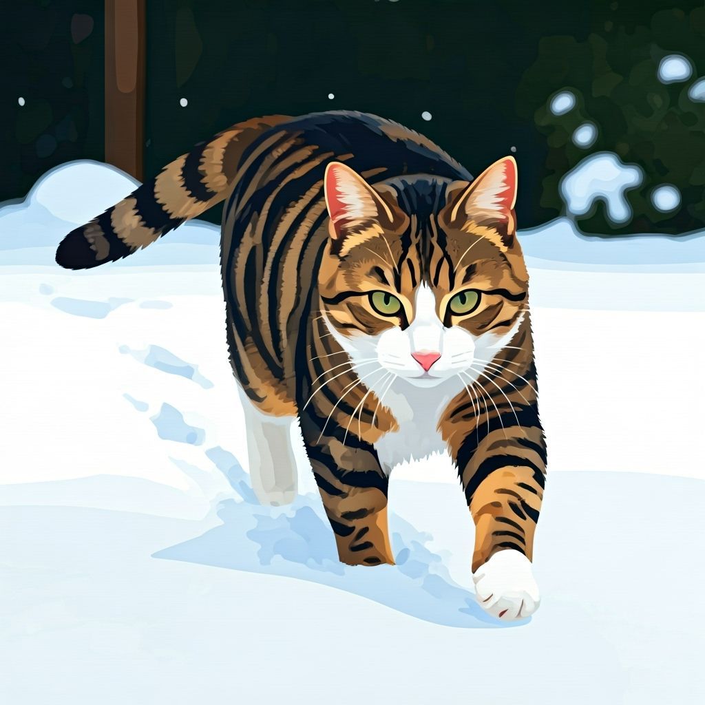A tabby and white cat wading carefully through snow that com...