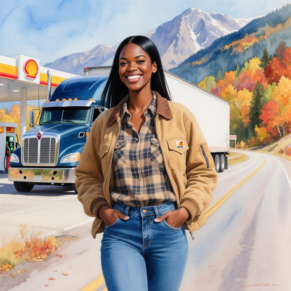 Impressionistic Watercolor of Woman by Kenworth Truck in Aut...