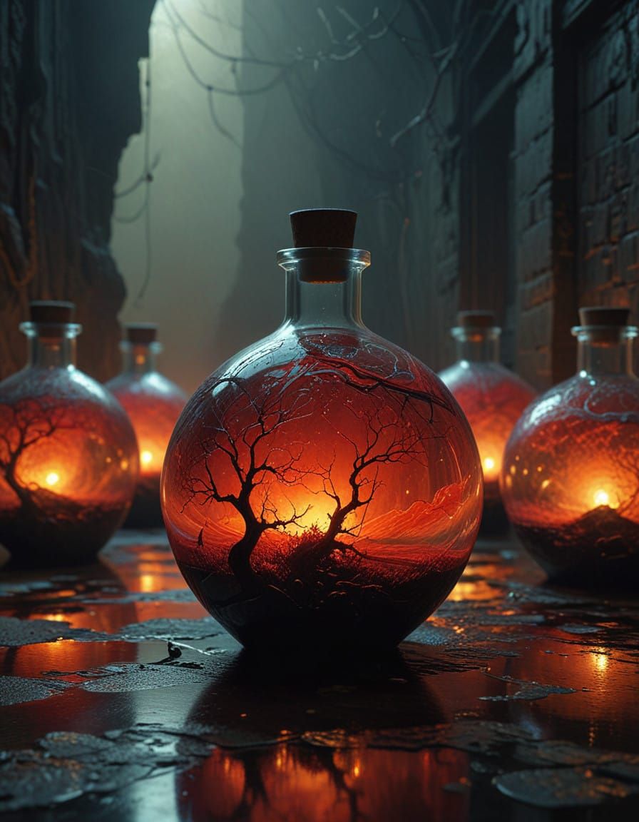 Ethereal Glass Flask with Gradating Red Paints in Artistic S...