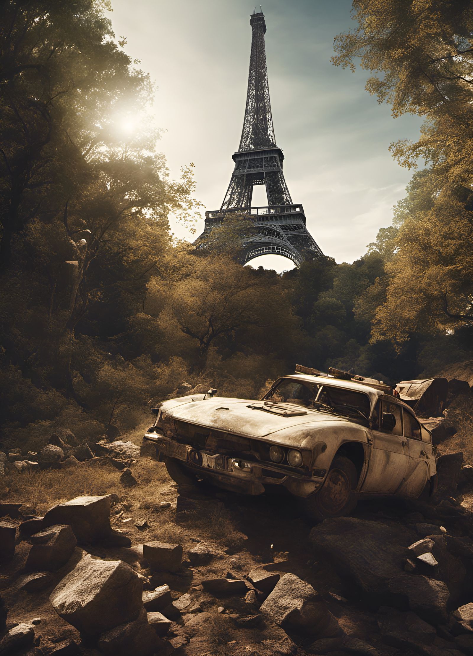Post-Apocalyptic Eiffel Tower Destruction in Hyperrealism