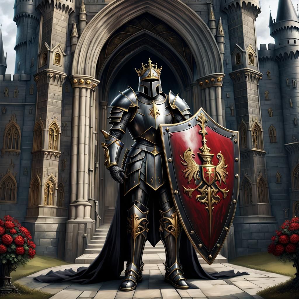 Gothic Knight in Gilded Armor with Shield