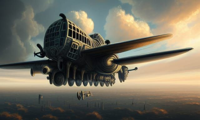 Epic Flying Fortress in Golden Sunset Clouds