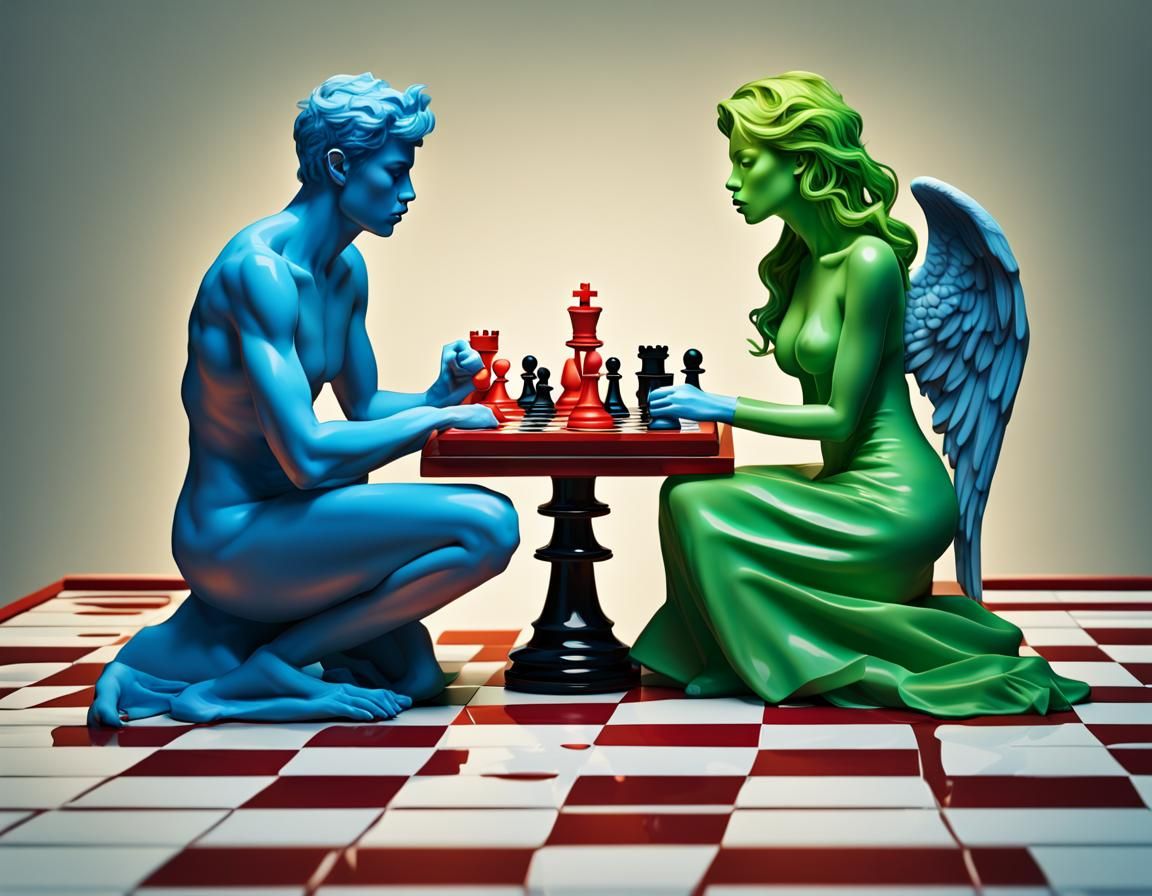 Hyperrealistic Blue Man and Green Woman Kissing