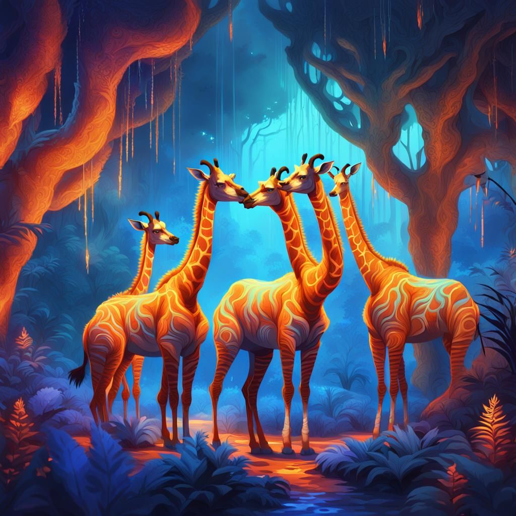Mystical Giraffes in Luminescent Forest: Digital Fantasy Art