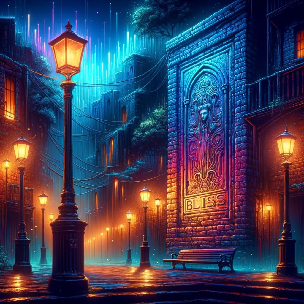 Enigmatic Night Scene: 'Bliss' Graffiti in Fantasy Concept A...
