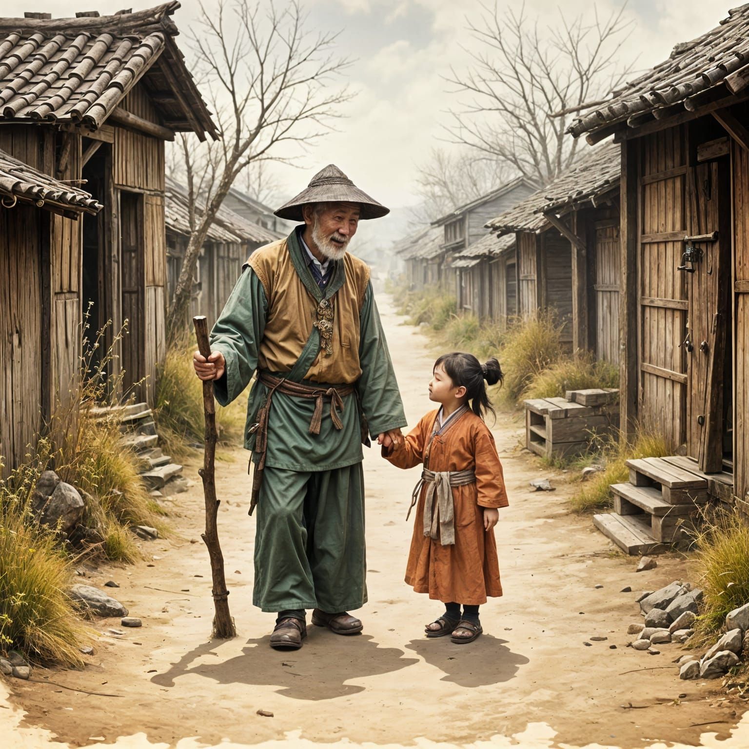Chinese Man and Granddaughter in Hyperreal Style