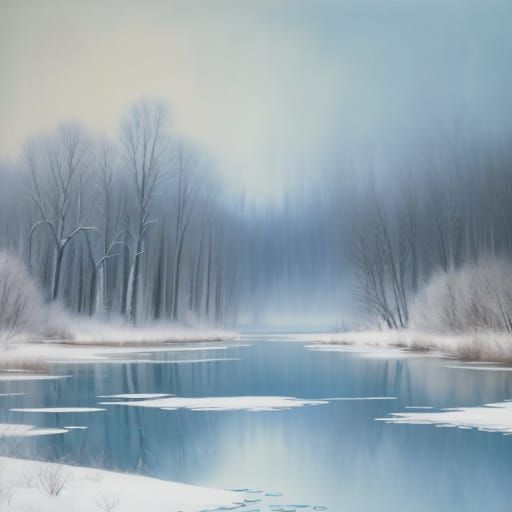 Neo-Impressionist Winter Lake Scene with Textured Brushstrok...