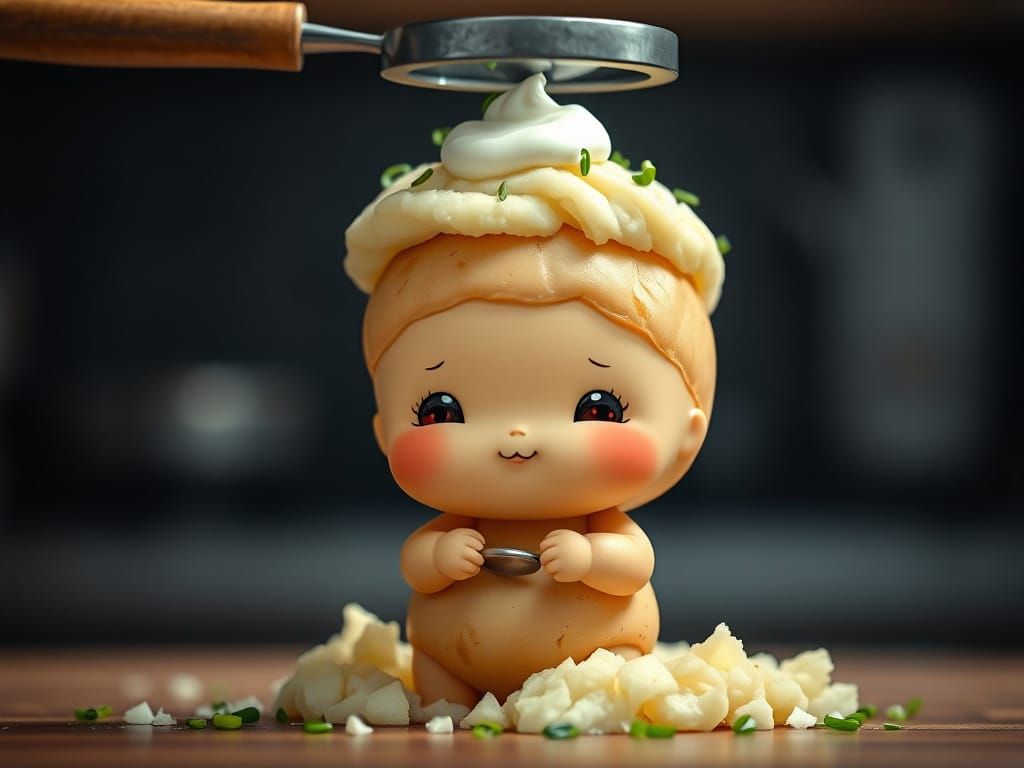 Chibi Potato Baby Amidst Whimsical Kitchen Scene