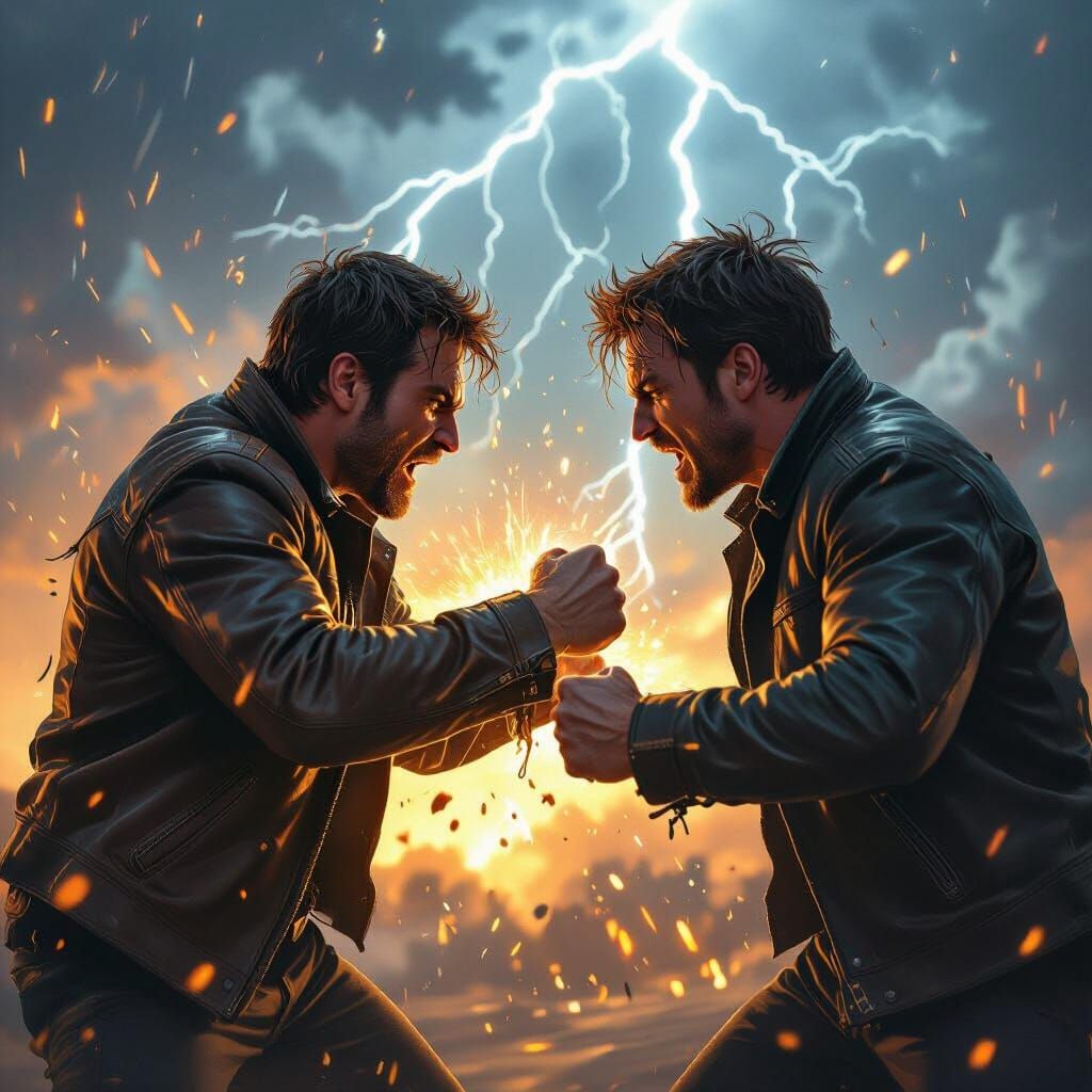 Hyperrealistic Fight Scene Under Lightning Storm