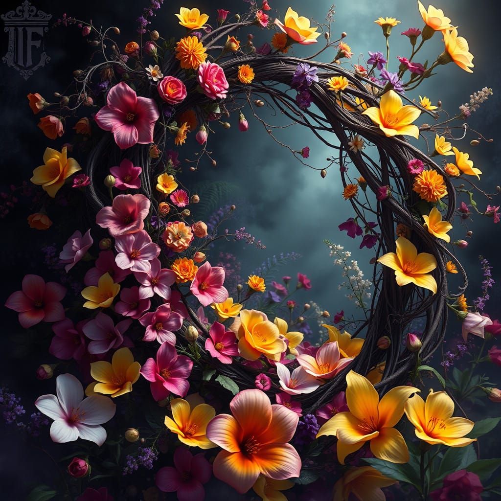 Vibrant Floral Wreath in Dark Fantasy Style
