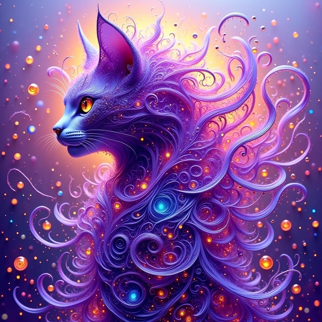 Iridescent Purple Magic Cat in Surreal Style