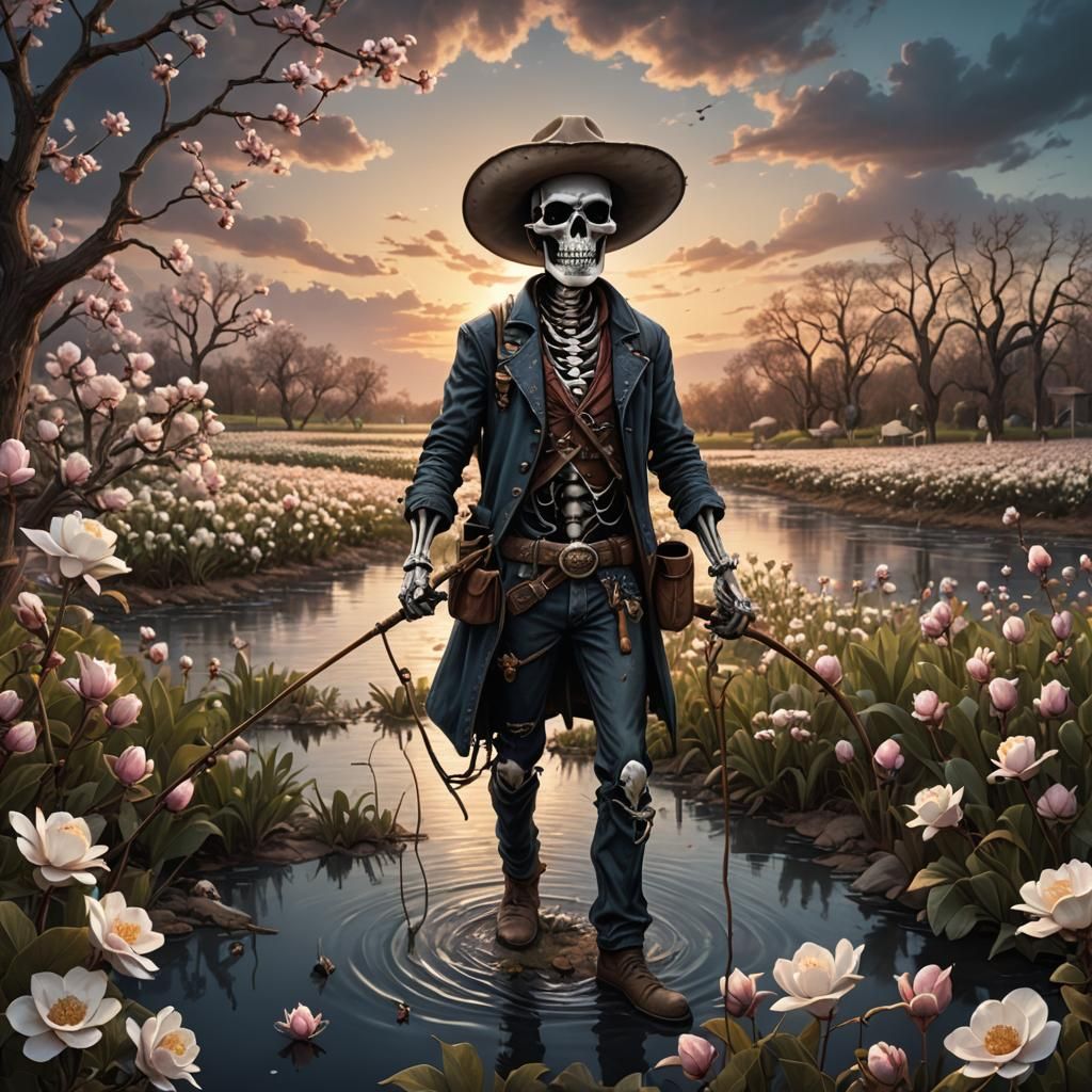 Hobo Skeleton Fishing for Catfish in Cotton Field