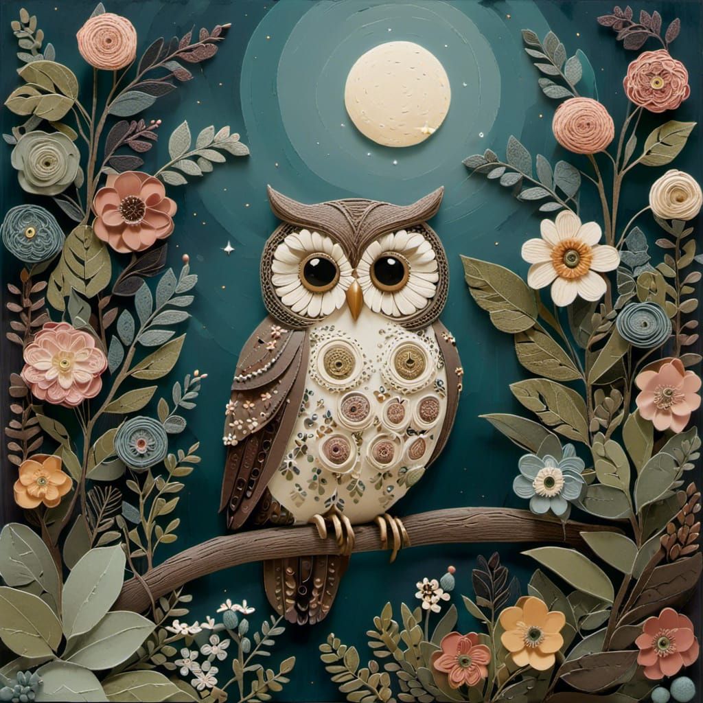 Owl Perched on Branch in Moonlit Night