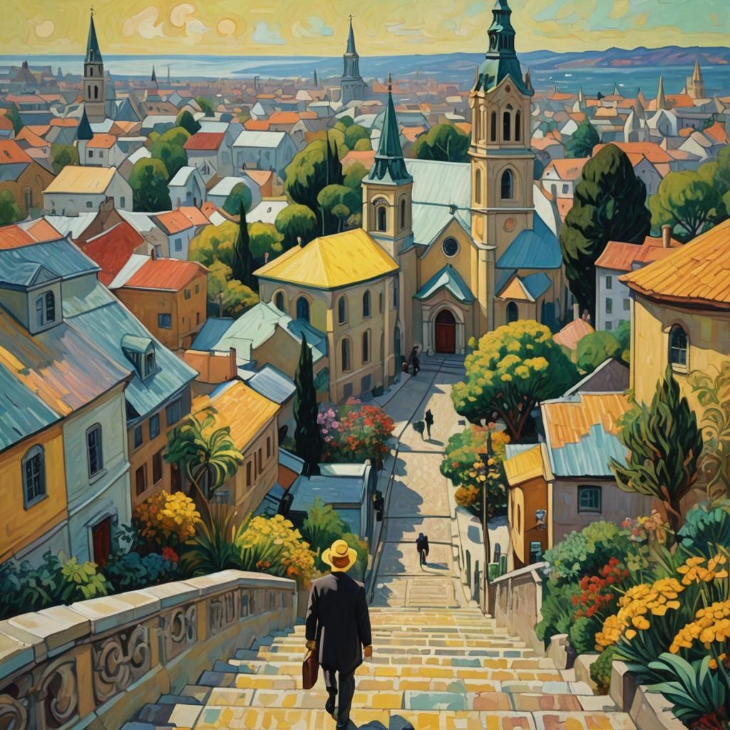 Hispanic Cityscape with Exotic Flora, in Art Nouveau Style