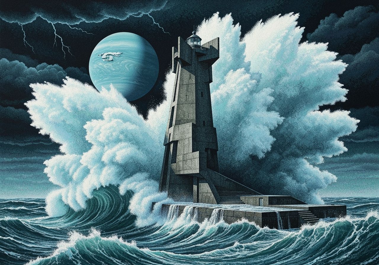 Brutalist Lighthouse Pointillism Amidst Monster Waves