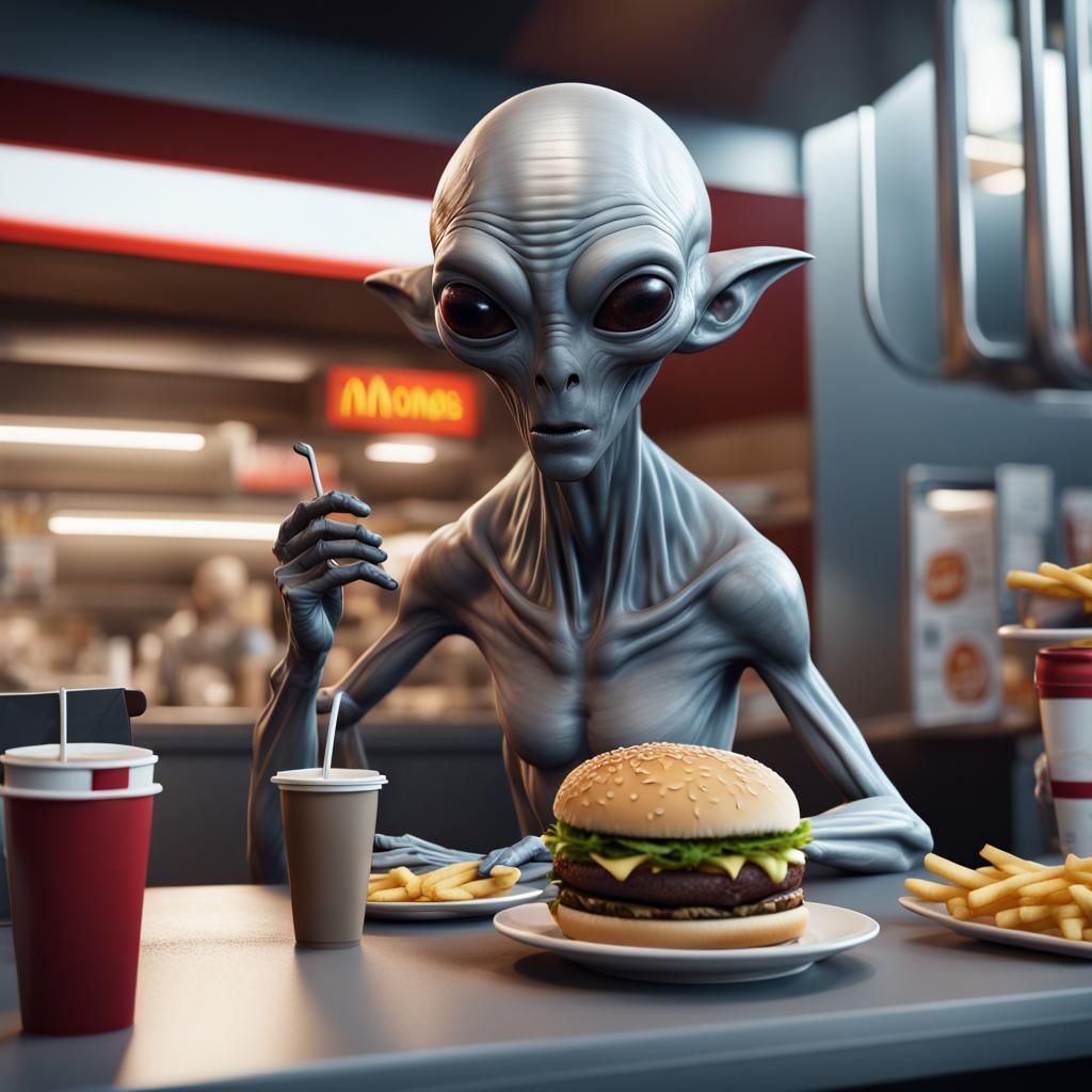 Alien Employee at McDonald's: Detailed Matte Painting