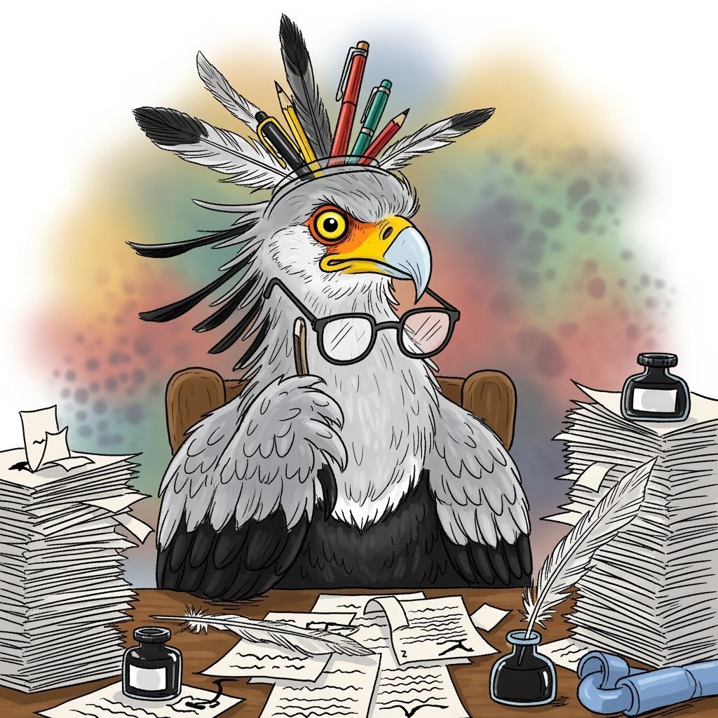 Anthropomorphic Secretarybird Illustration in Earthy Tones