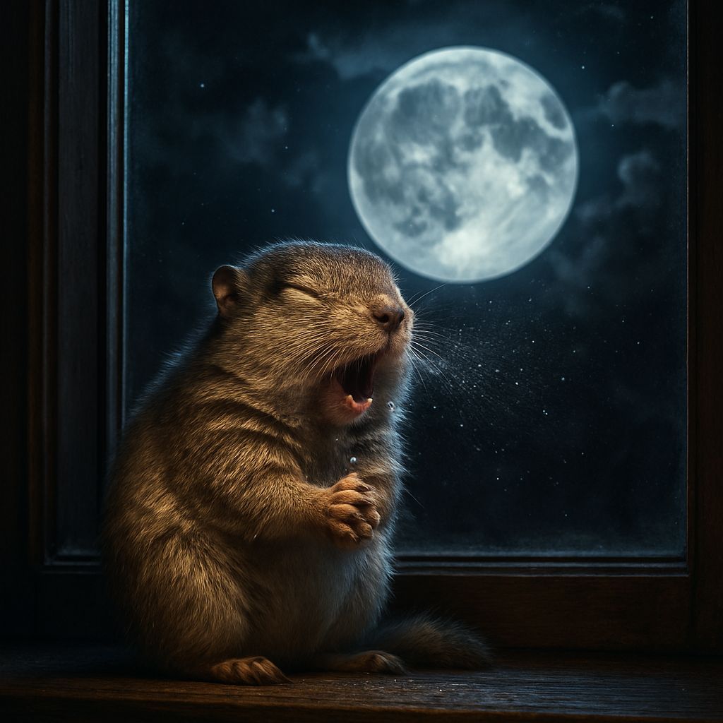 Hyperrealistic Gopher Sneezing Under Full Moon