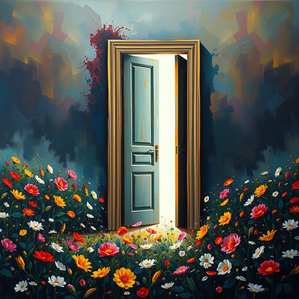 Surreal Door Ajar in Flower Field: Hyperrealistic Digital Ar...