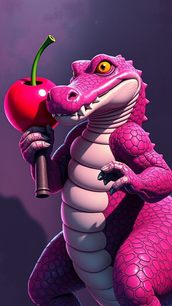 Pink Crocodile Villain with Cherry Wrecking Ball