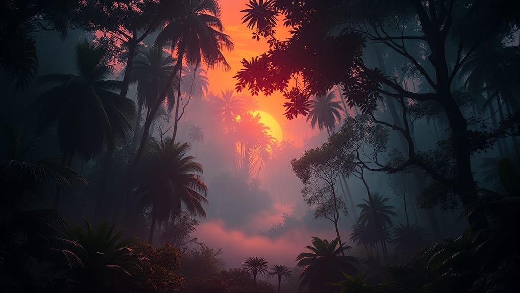 Mysterious Jungle Sunrise with Vibrant Atmospheric Lighting
