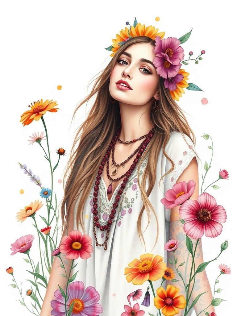 Whimsical Bohemian Woman Surrounded by Vibrant Wildflowers i...