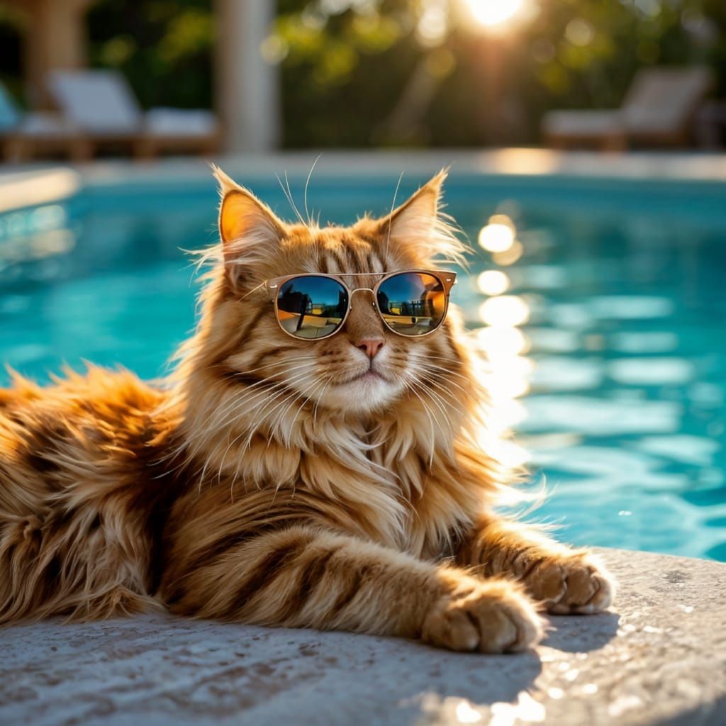 Cool Cat Lounging by Pool in Sunglasses