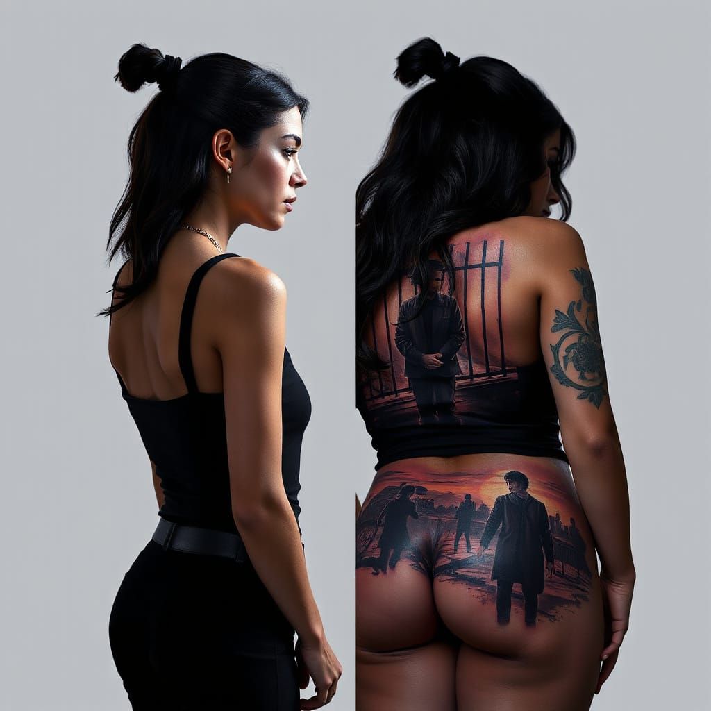 Sleek Woman Profile with High Relief Tattoo Art in Futuristi...