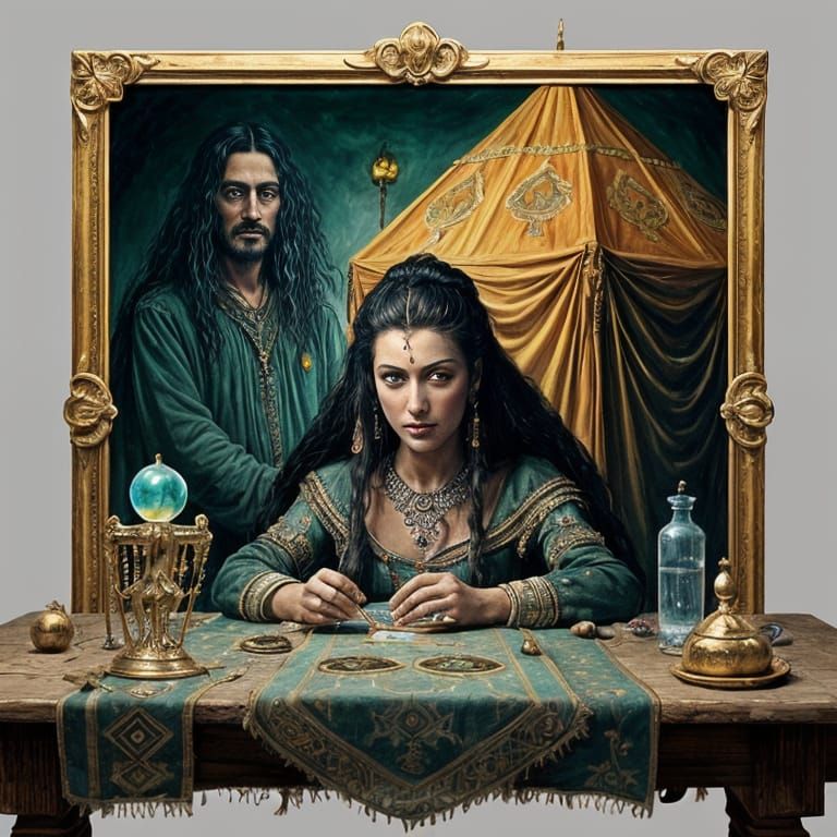 Surreal Gypsy Fortune Teller with Shrunken Head and Fiery Ta...