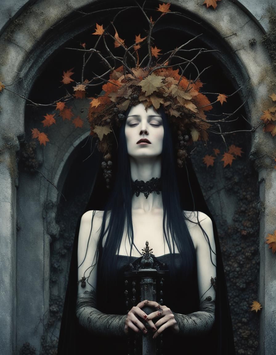 Morbid Pre-Raphaelite Lady in Gothic Setting