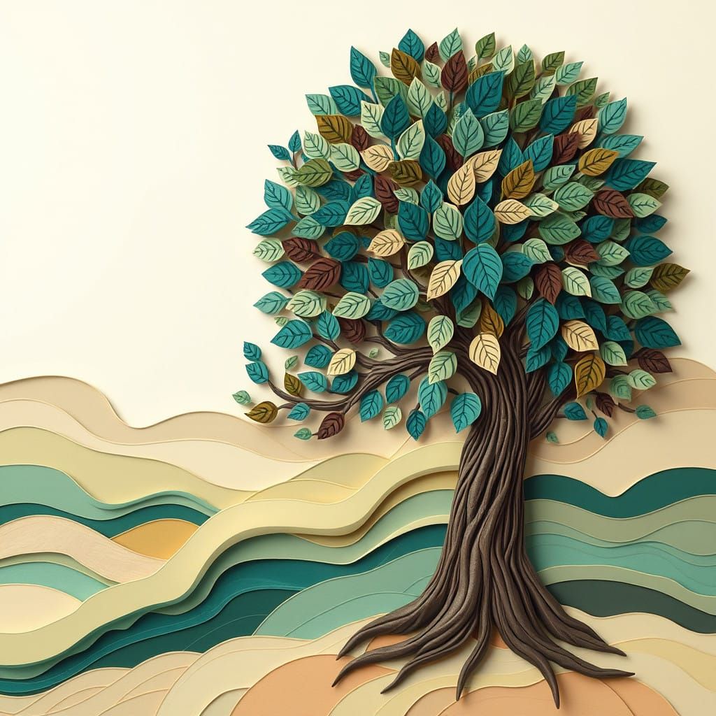 Surreal Tree in Layered Paper Art Style