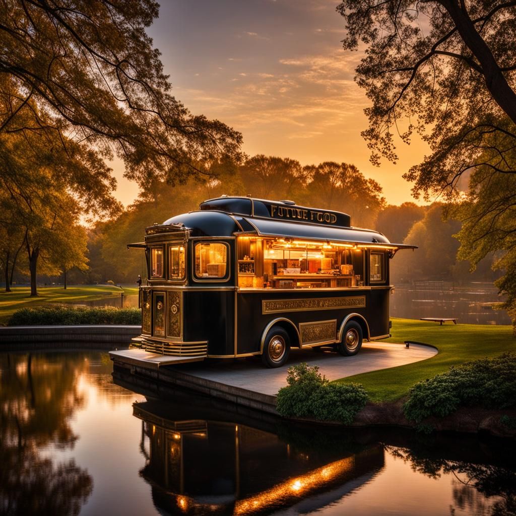 Steampunk Food Truck in Misty Park: Art Deco Design
