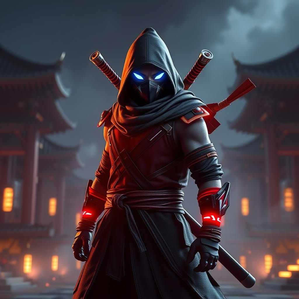 Powerful Ninja in Dark Attire with Glowing Accents