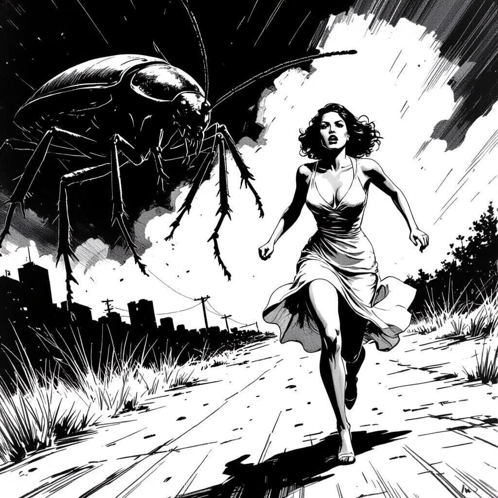Noir Comic Panel: Woman Flees Enormous Bug