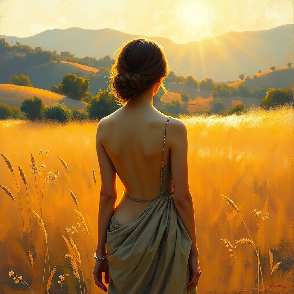 Elegant Woman in Golden Light Morning Landscape