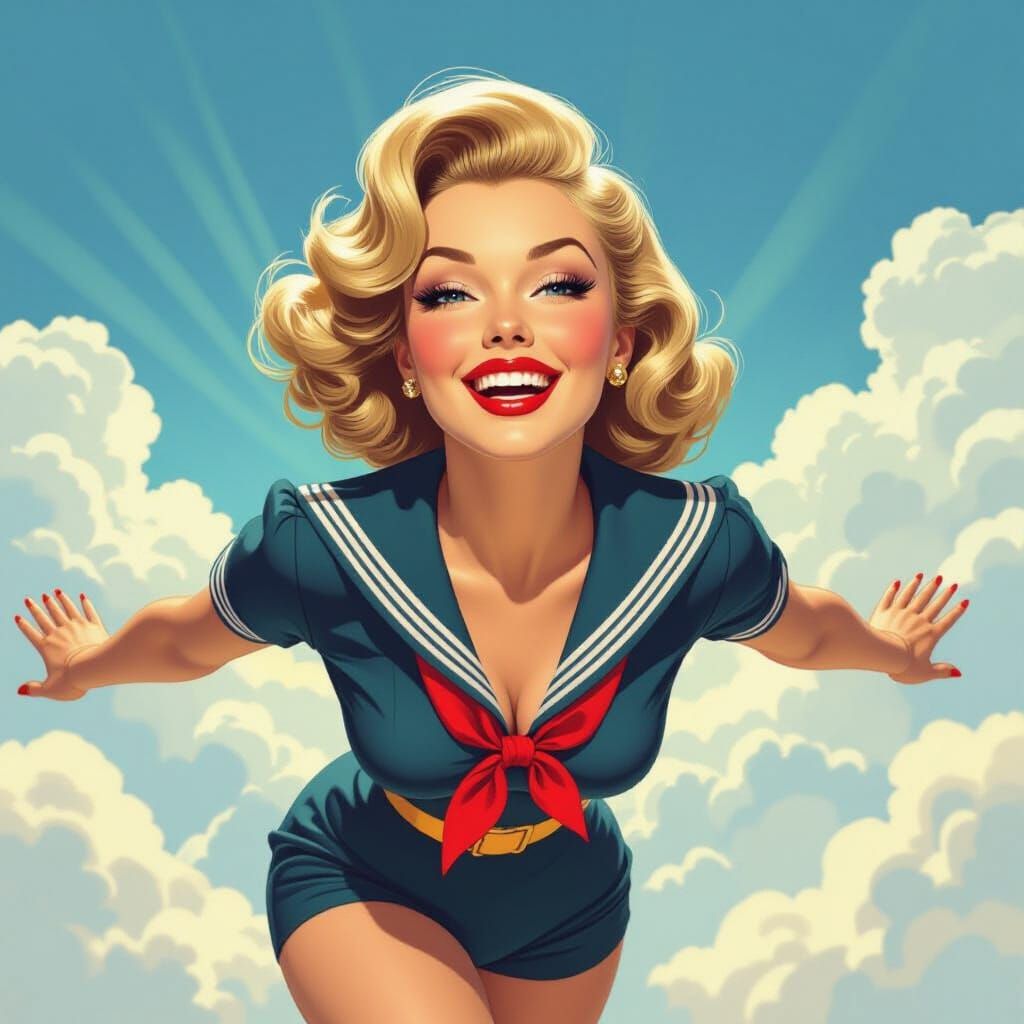 1950s Pin-Up Girl Flying Joyfully in Comic Style
