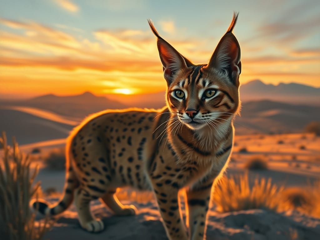Wild Caracal Roams Golden Desert Sunset