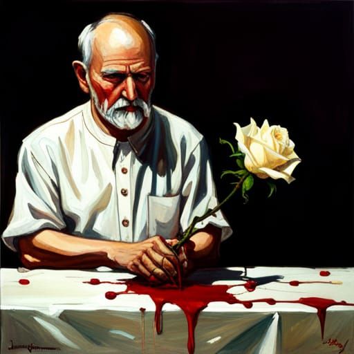 White Rose Dripping with Blood, Oil Painting