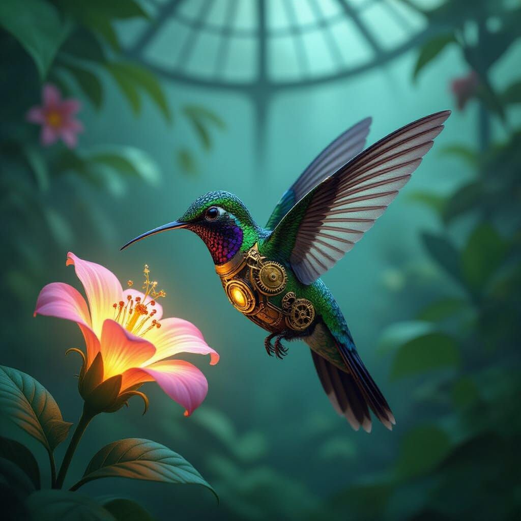 Steampunk Hummingbird Sipping Nectar in Victorian Greenhouse