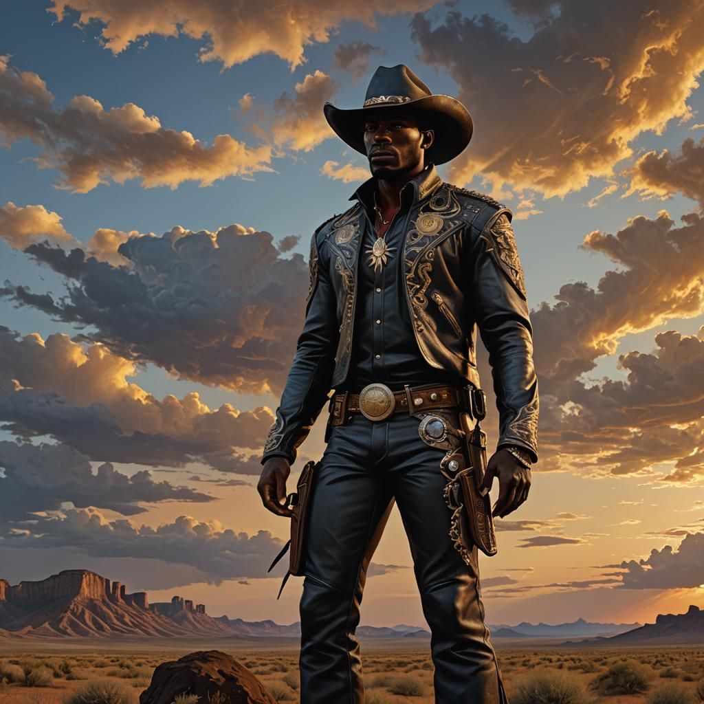 Black Cowboy at Dusk: Hyper-Realistic Anime Aesthetic