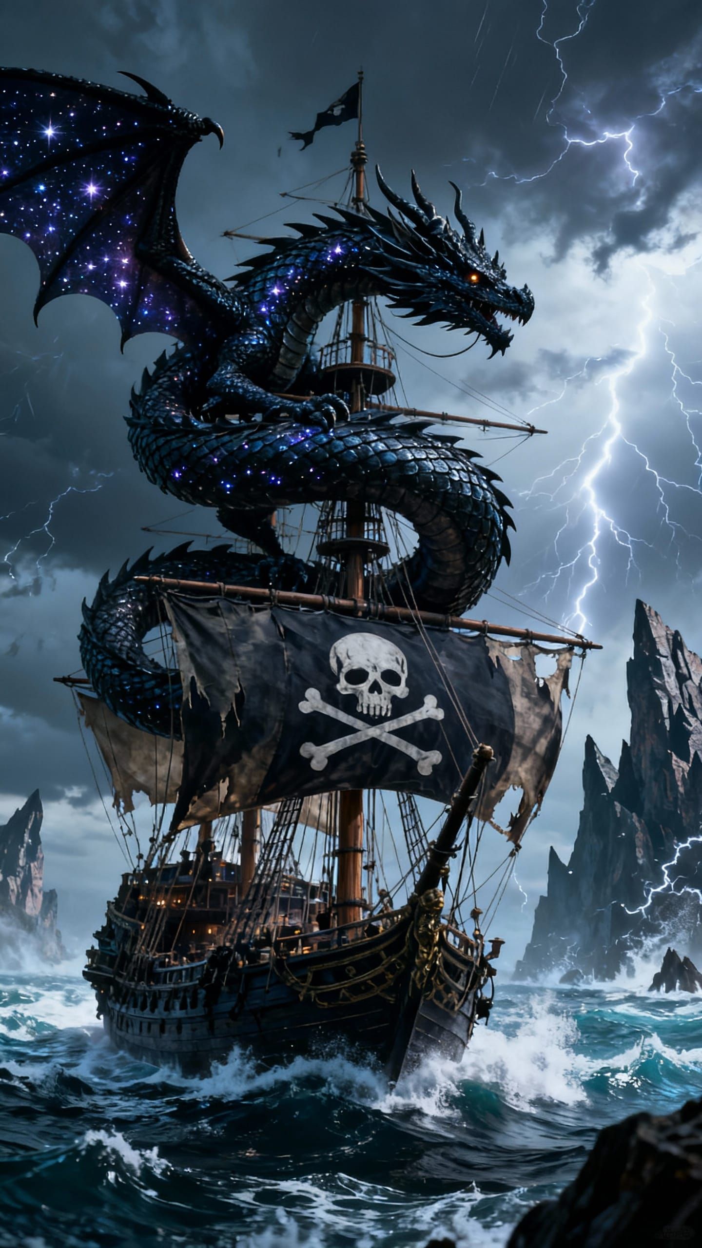 Obsidian Dragon on Pirate Galleon in Stormy Seas