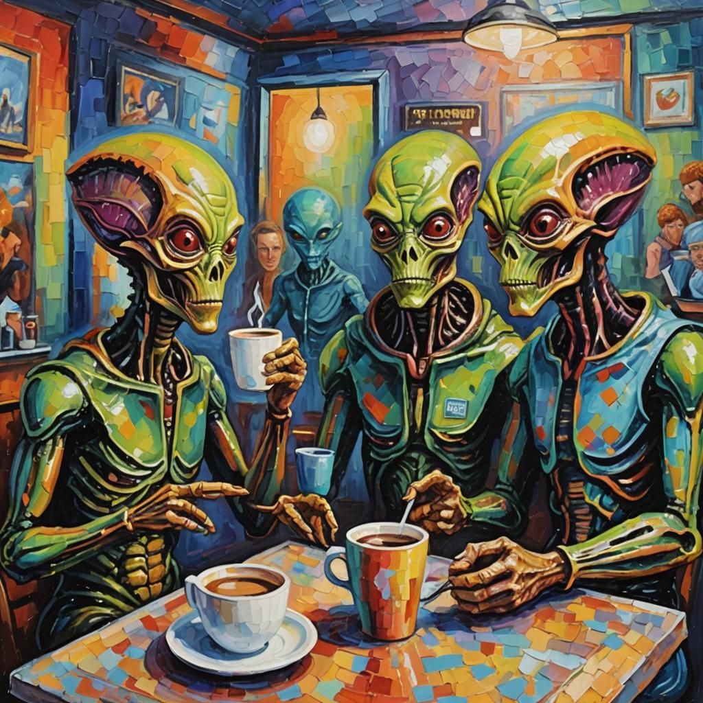 Alien Coffee Shop: Neo-Impressionist Oil Painting