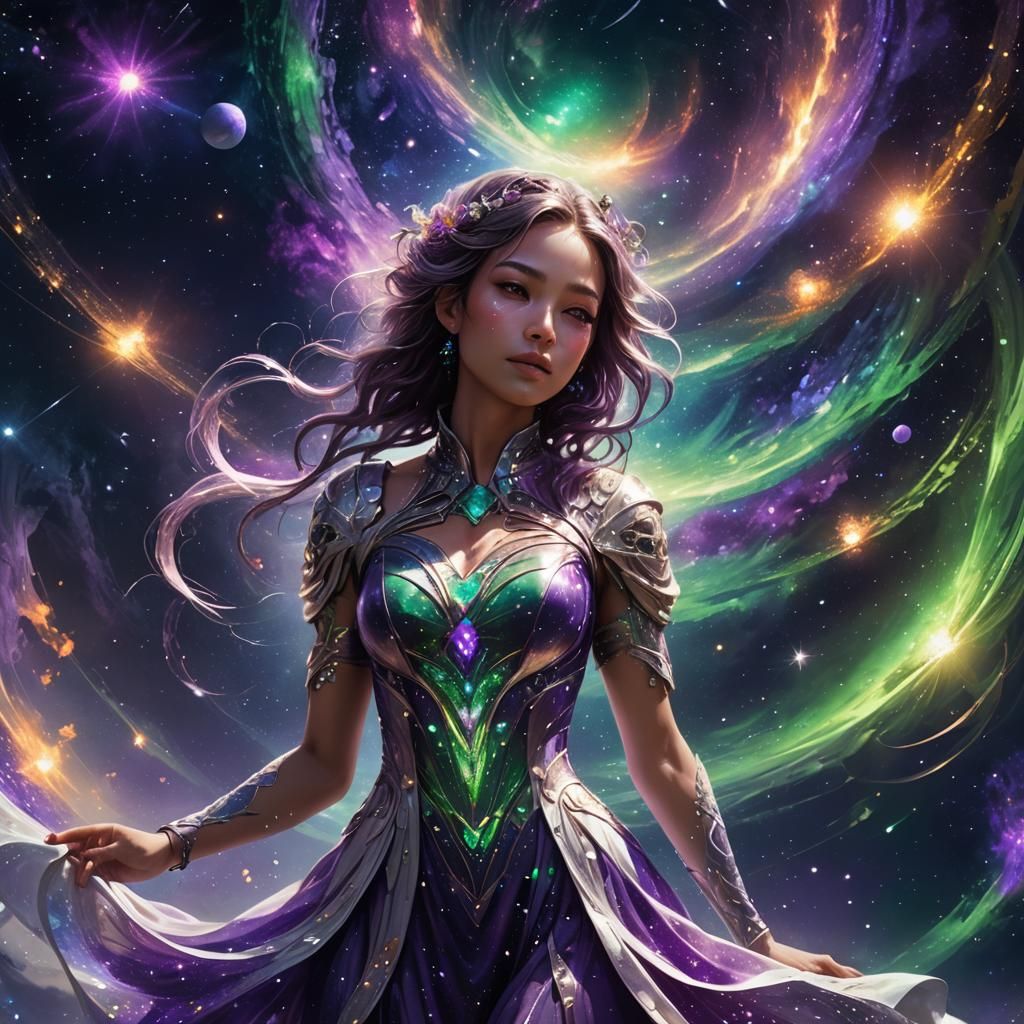 Girl in Ethereal Attire Before the Universe