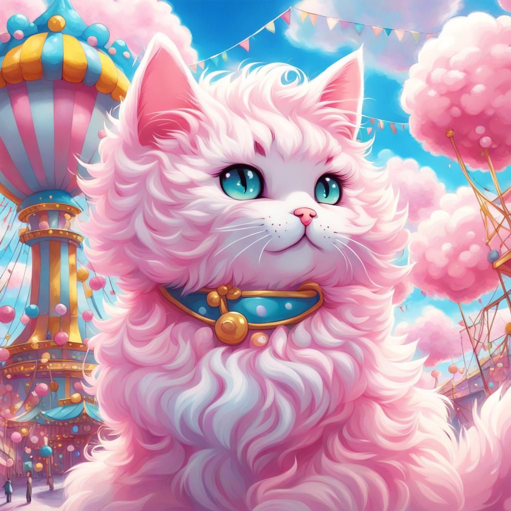 Fluffy Cotton Candy Cat in Anime Style Carnival