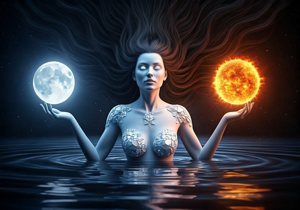 Ethereal Goddess of Sun and Moon Ascending the Cosmos