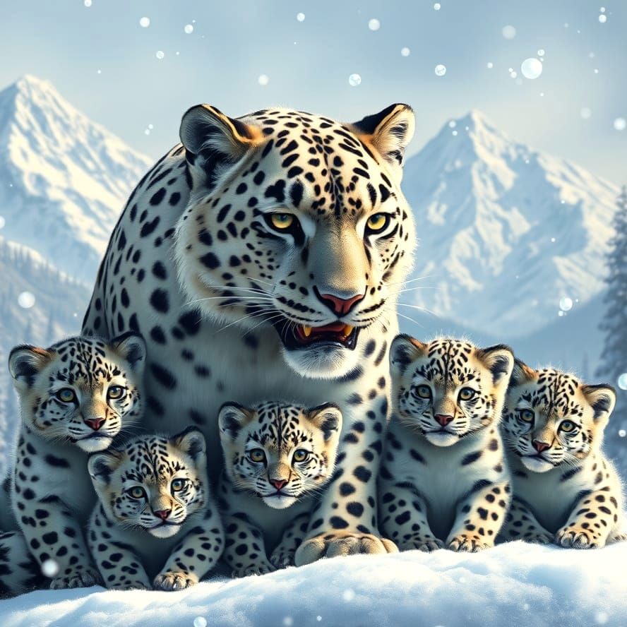 Snow Leopard Family in Hyper-Realistic Wildlife Art