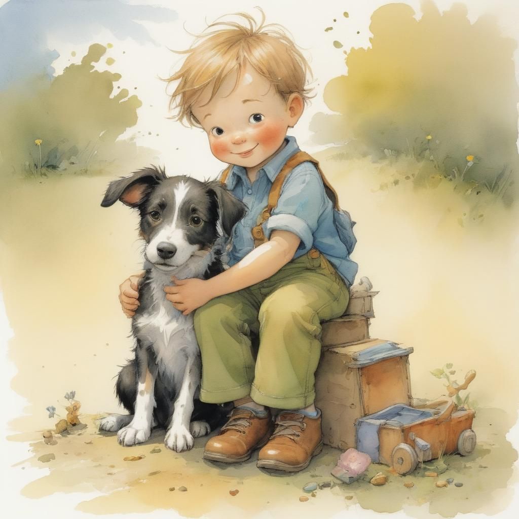 Toddler and Dog Illustration in Children's Book Style