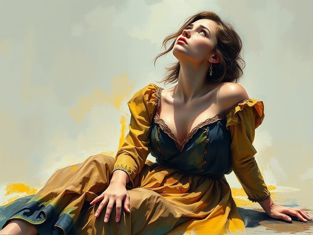 Sorrowful Woman Gazing Upward in Gouache Watercolor Style