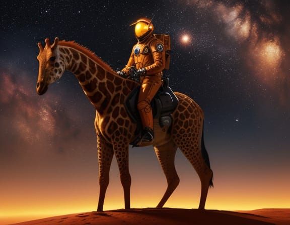 Astronaut Riding Giraffe in Starry Sky, Digital Art